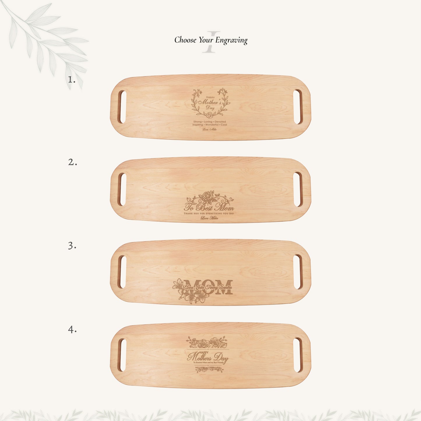 Wood Serving Tray with Handles on Both Ends with Mother's Day Designs