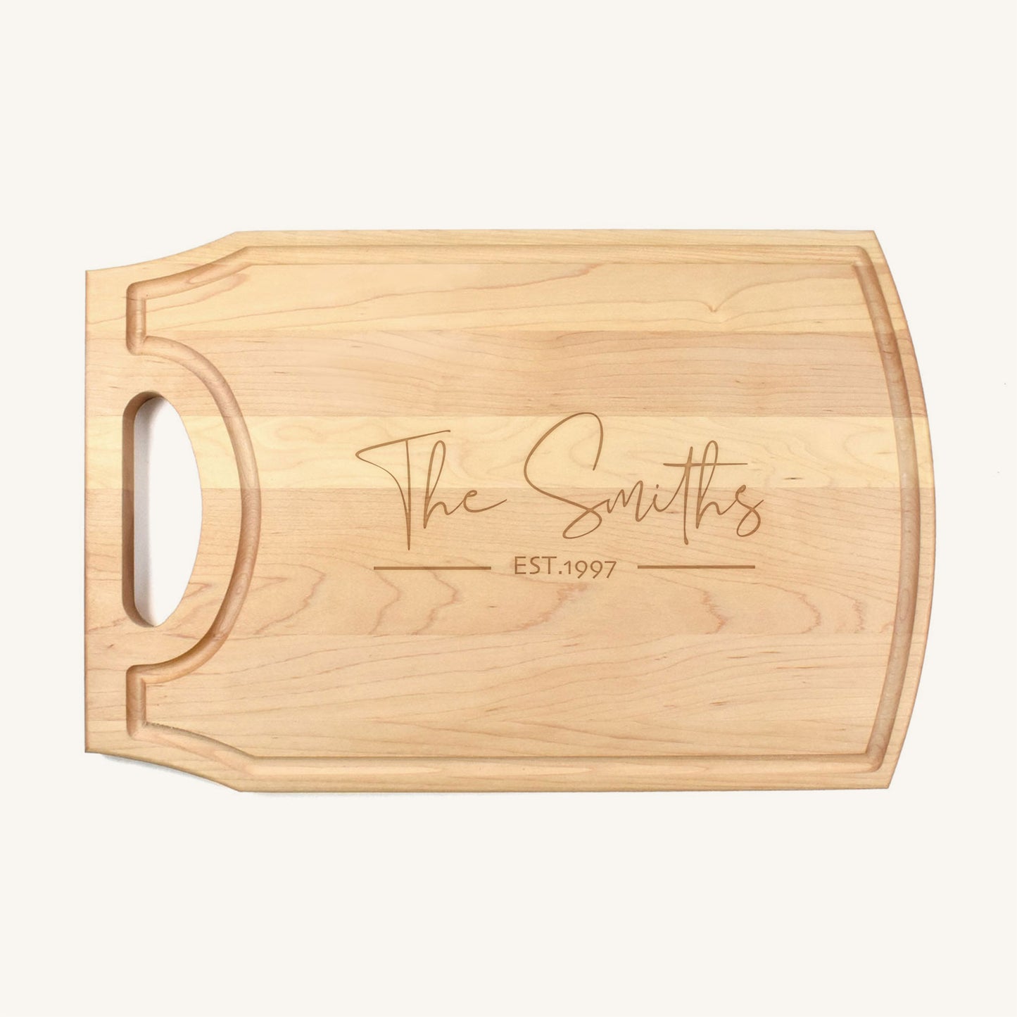 Tabla de cortar de madera grande con mango y ranura para jugo