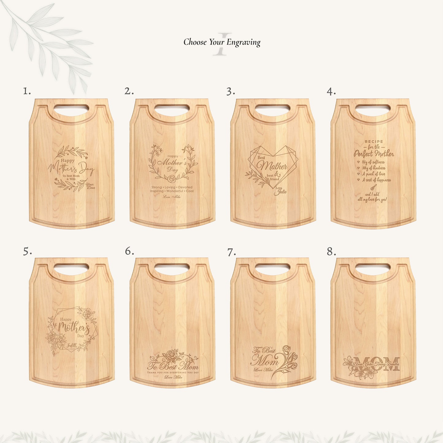 Large Wood Cutting Board with Handle and Mother's Day Designs