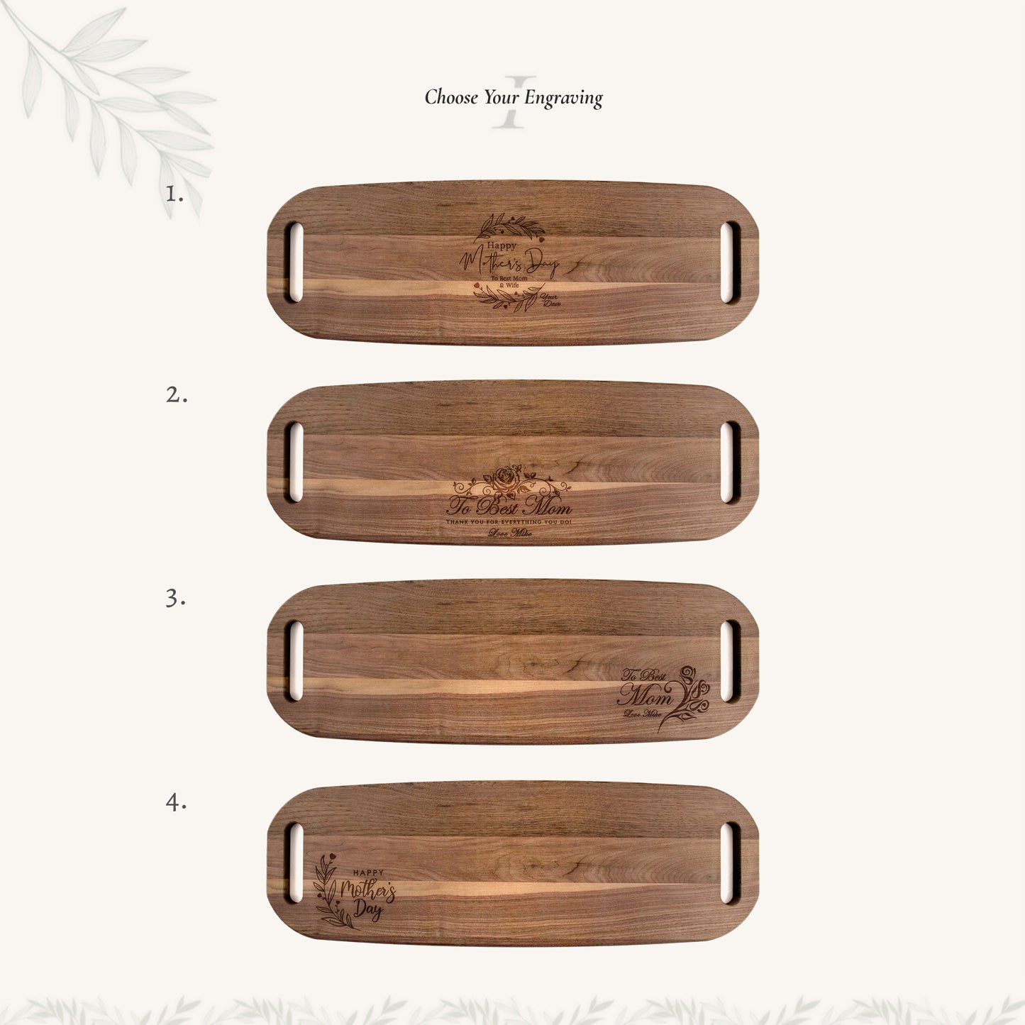 Wood Serving Tray with Handles on Both Ends with Mother's Day Designs