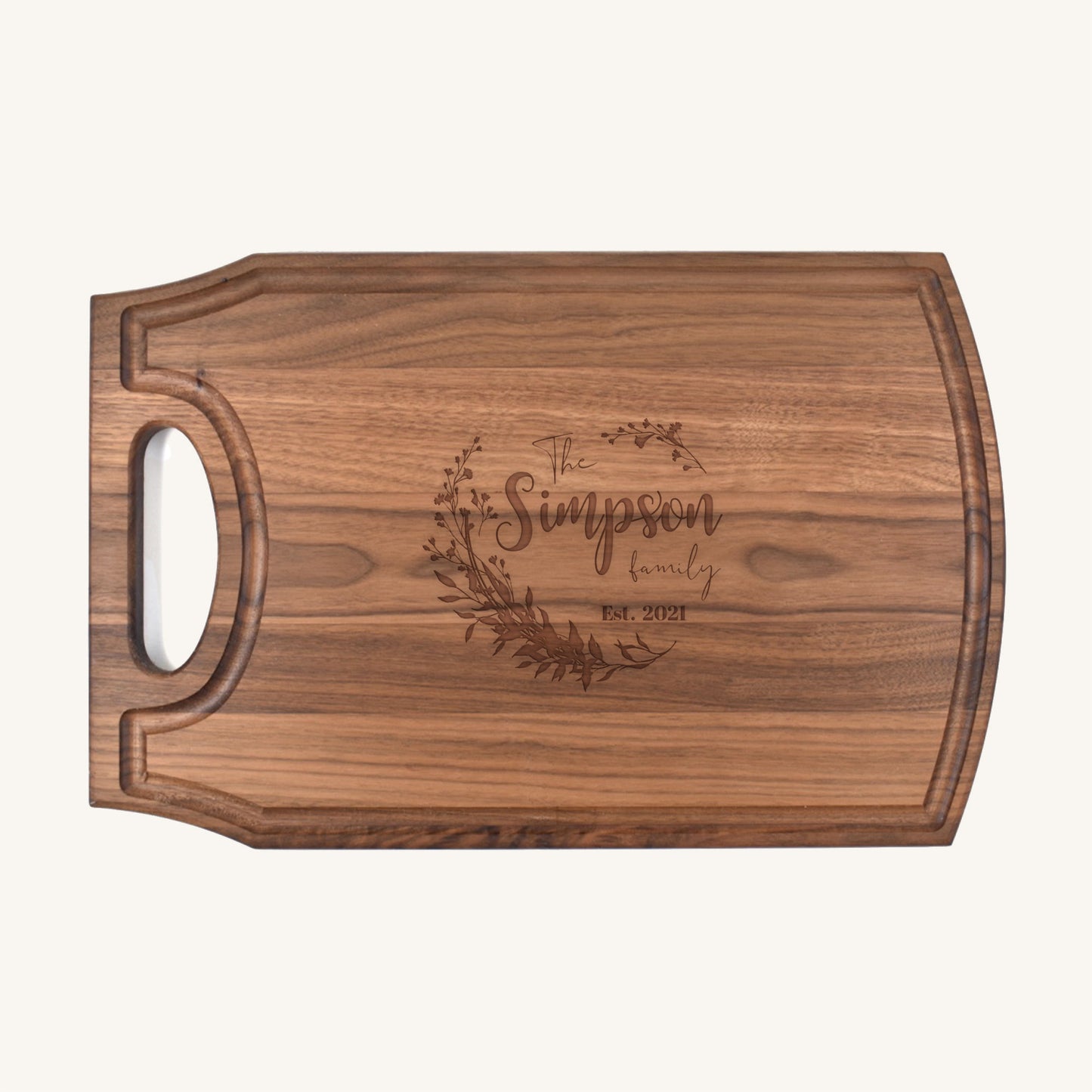 Tabla de cortar de madera grande con mango y ranura para jugo