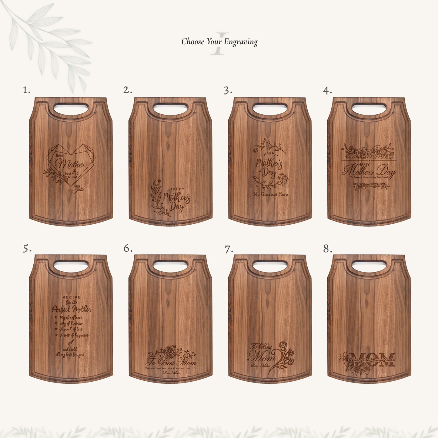 Large Wood Cutting Board with Handle and Mother's Day Designs
