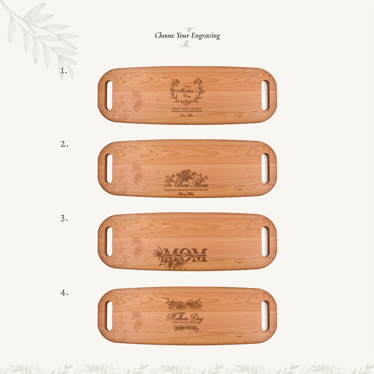 Wood Serving Tray with Handles on Both Ends with Mother's Day Designs