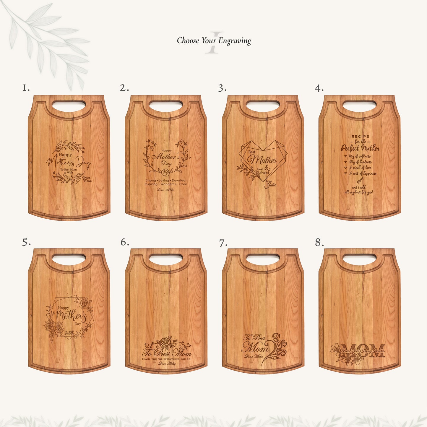 Large Wood Cutting Board with Handle and Mother's Day Designs